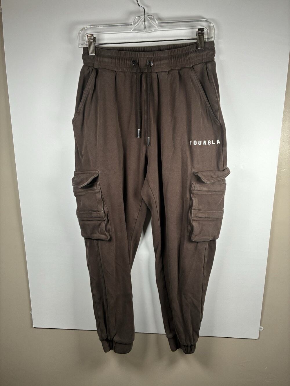 YoungLA Cargo Joggers Mens Size Medium Brown Drawstring Elastic Waist Sweatpants